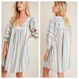 The Odells Perla Over-size V-Neck 3/4 Puff Sleeves Pockets Boho Mini Dress Sz XS